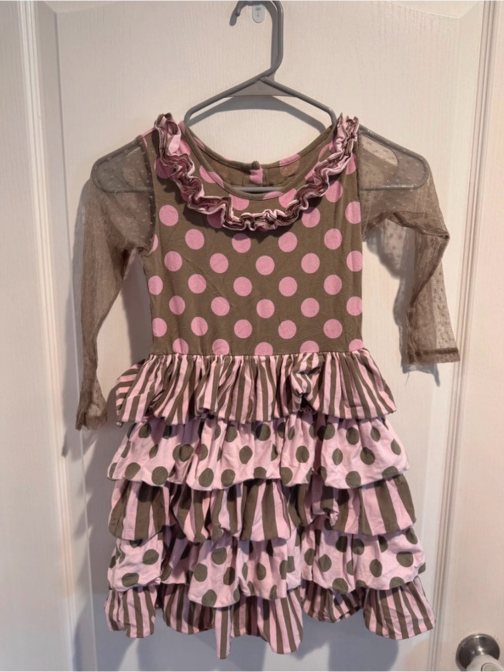 Girls Pink & Brown Polka Dot Ruffle Dress